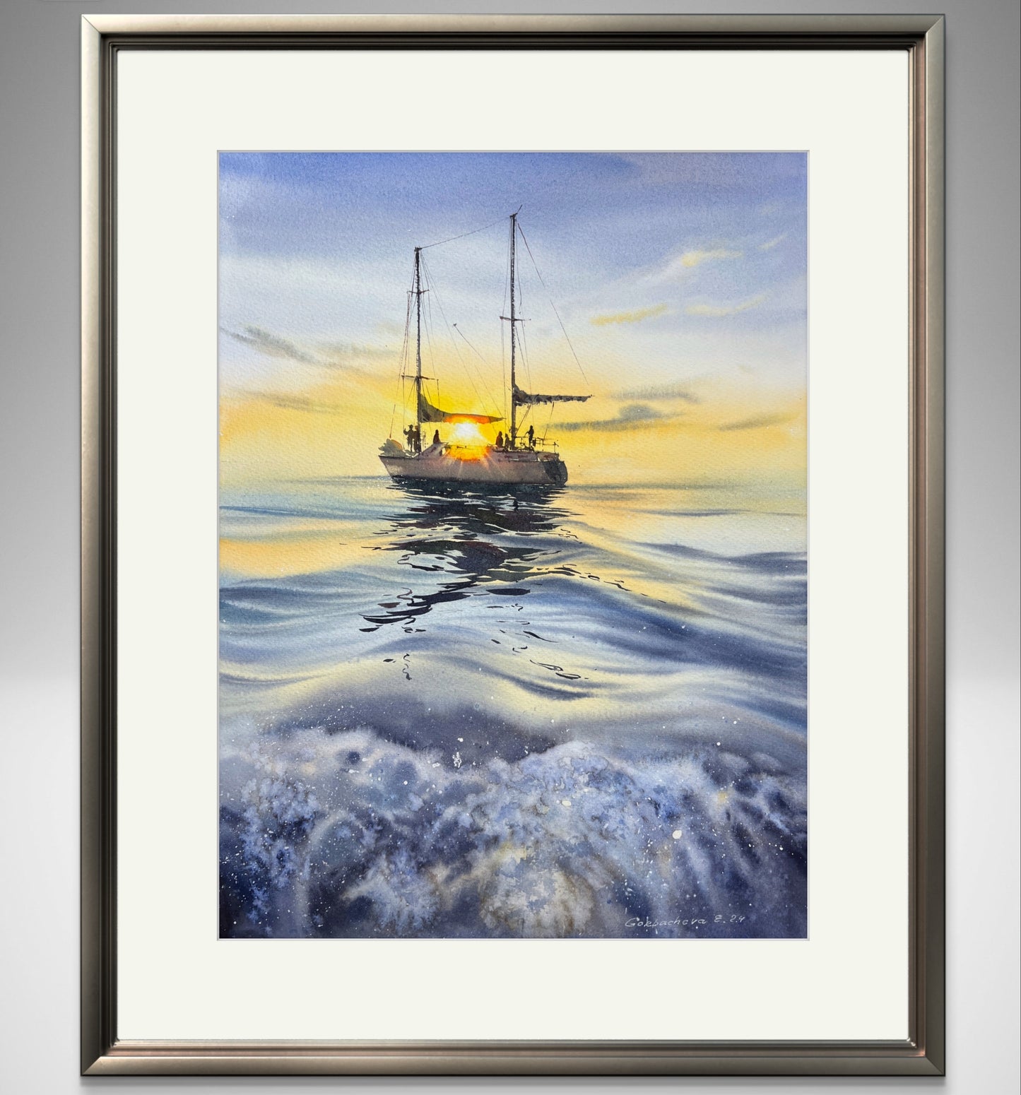 Nautical Watercolor Original Painting "Yacht at Sunset #14"