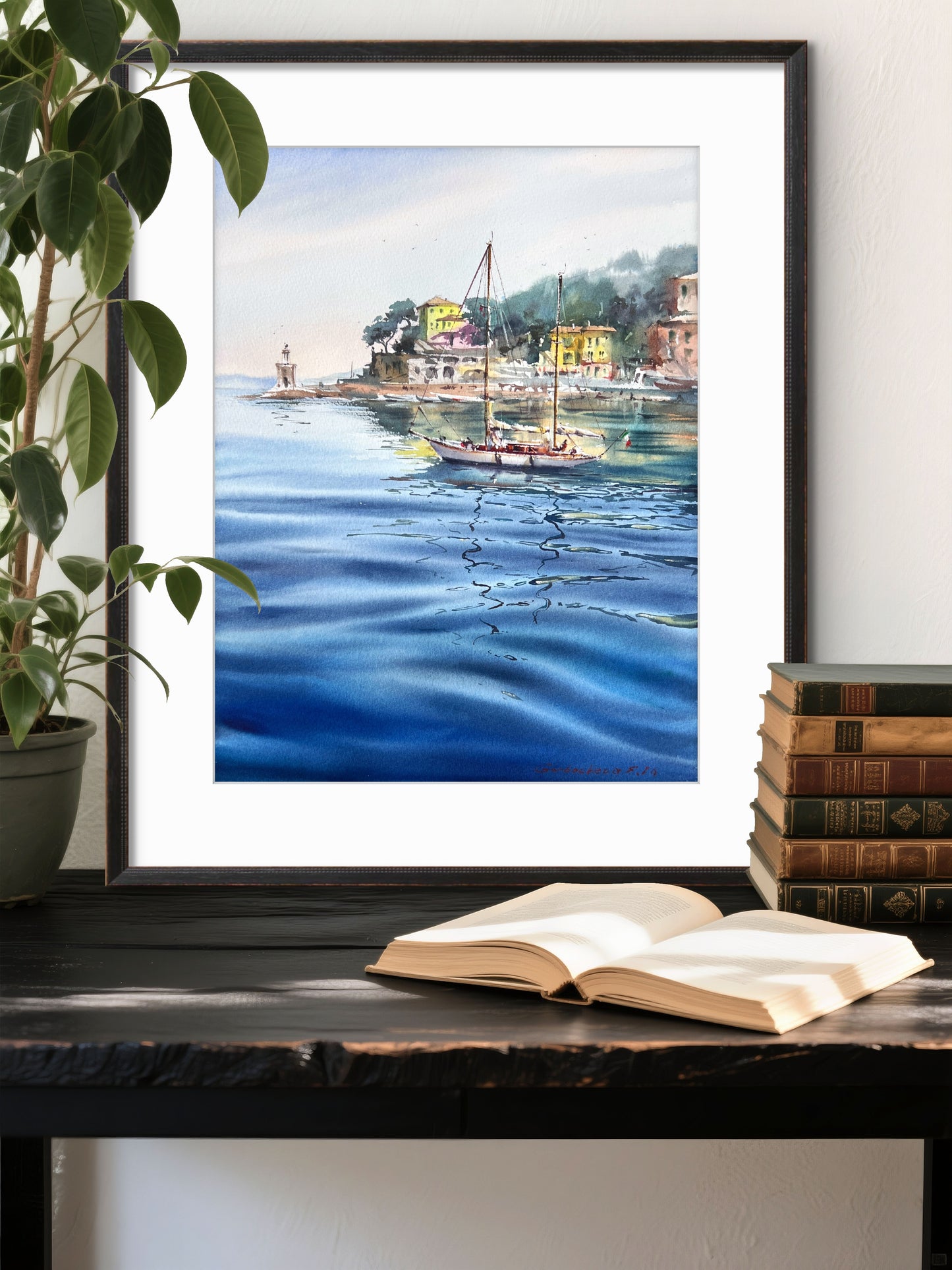 Original Recco Italy Watercolor Painting | Sailboat Harbor Seascape |Blue Italian morning. Recco 12x16