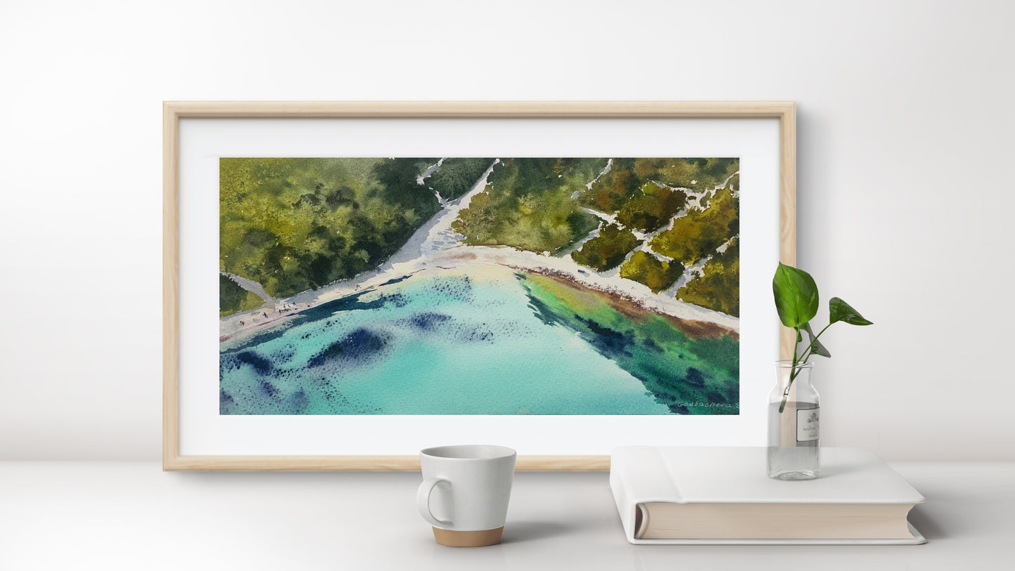 Aerial Beach Watercolor Painting, Seaside from a height of flight 6x12