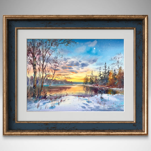 Winter Sunset Lake Watercolor Painting, First Star of Winter 31x41