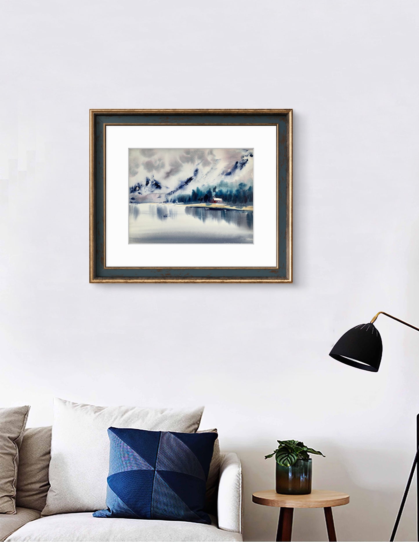 Winter Landscape Watercolor Painting, Lake house #2 12x16