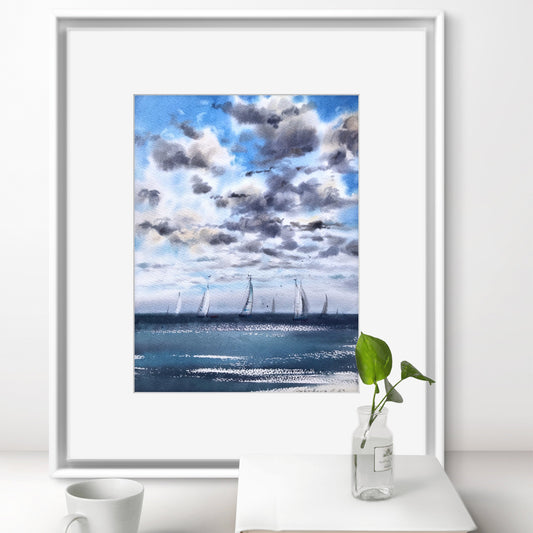 Sea Sailboat Small Painting, Watercolor Original Artwork, Seascape Beach Wall Art, Coastal Art Decor