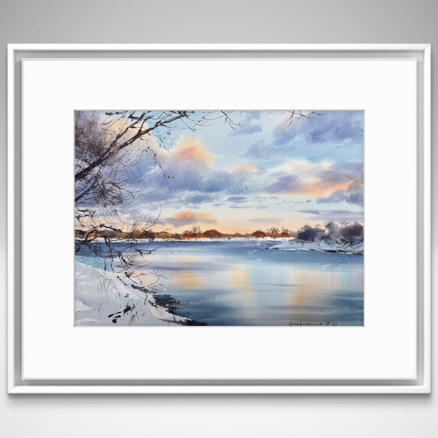 Winter Painting, Small Watercolor Original, Night Sky, Snowy Landscape, Frozen River Artwork, Unique Gift