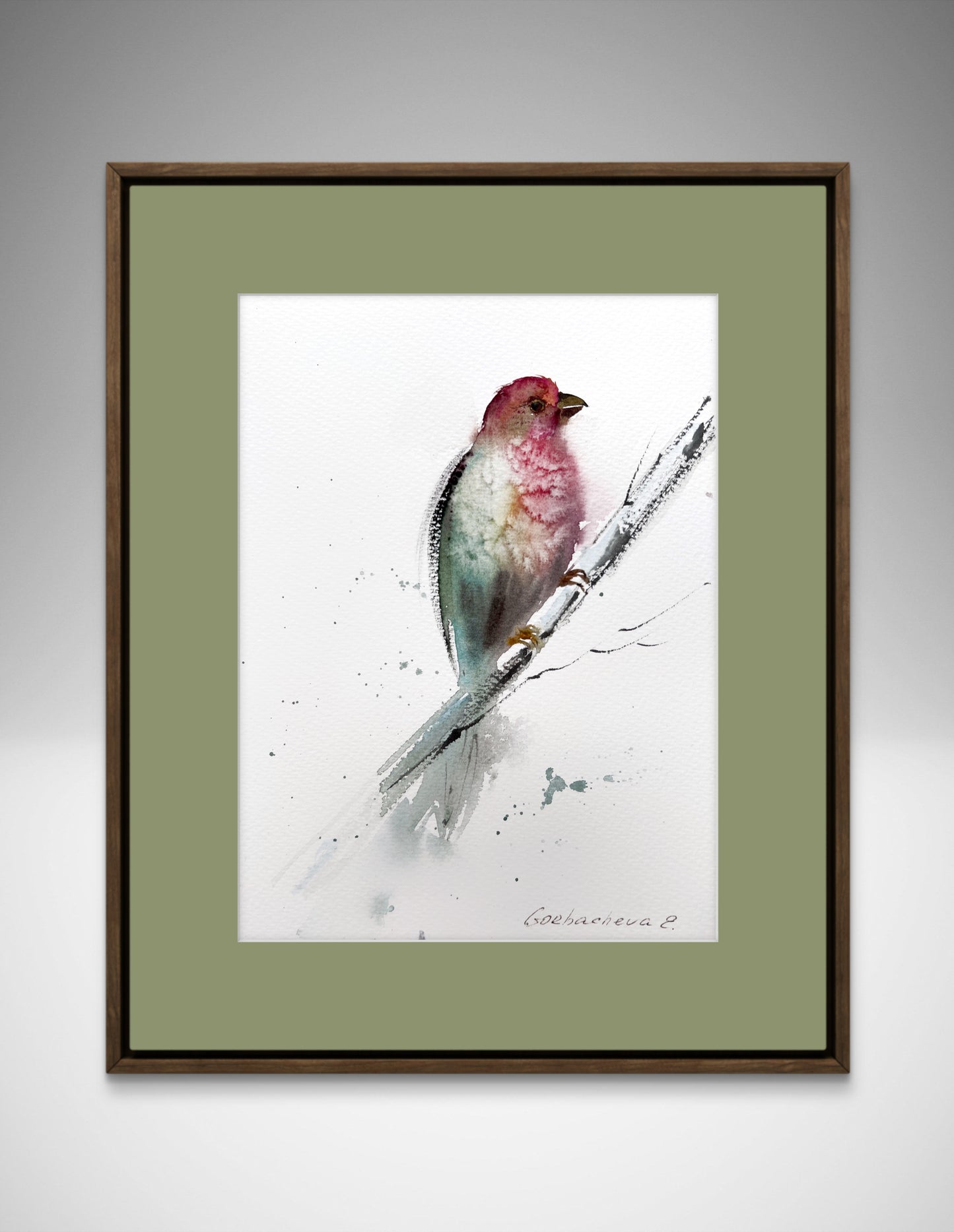 Red-Green Bird Minimal Art, Handmade Watercolor Painting, Unique Art Piece for Home, Red bird
