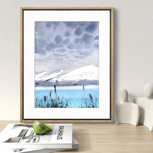 Small Painting "Blue Lake in the Mountains" - 9x12 Modern Art Watercolor, Gray-Blue Mountain Landscape, Perfect for Home Decor