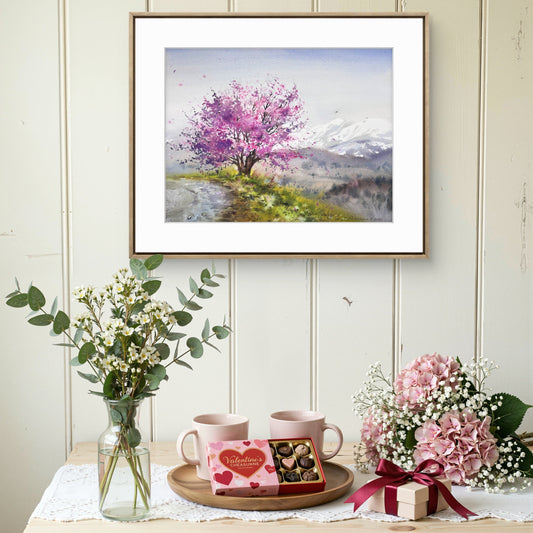 Pink Blossom Tree Watercolor Painting, Spring Landscape Wall Art, Tree of Serenity 12x16