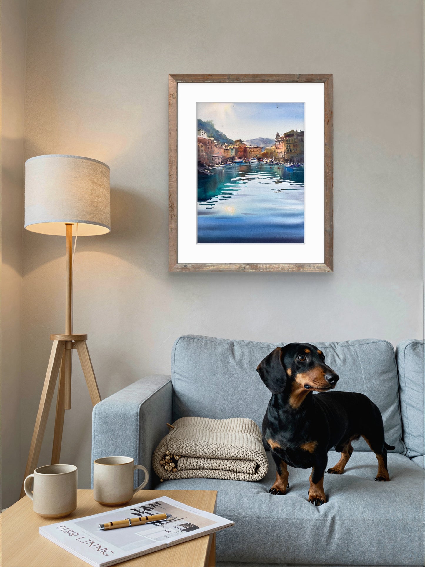 Coastal Harbor Art, Camogli Italy Watercolor Painting, Blue Italian Morning. Camogli #2 9x14 (Copy)