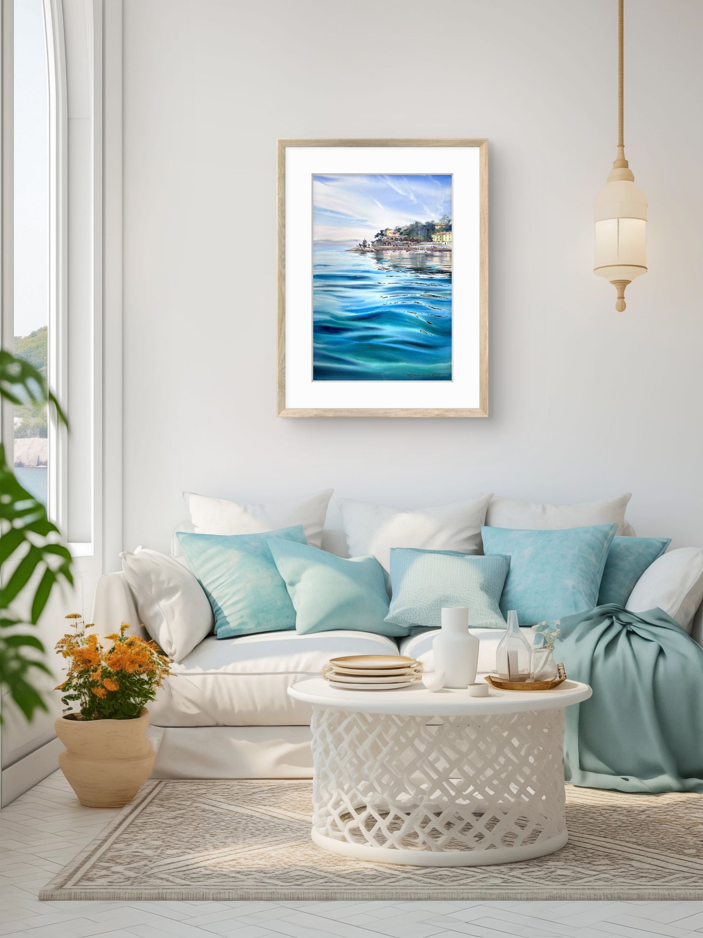 Recco Liguria Watercolor, Italian Riviera Seascape, Blue Waters of Recco 15x22