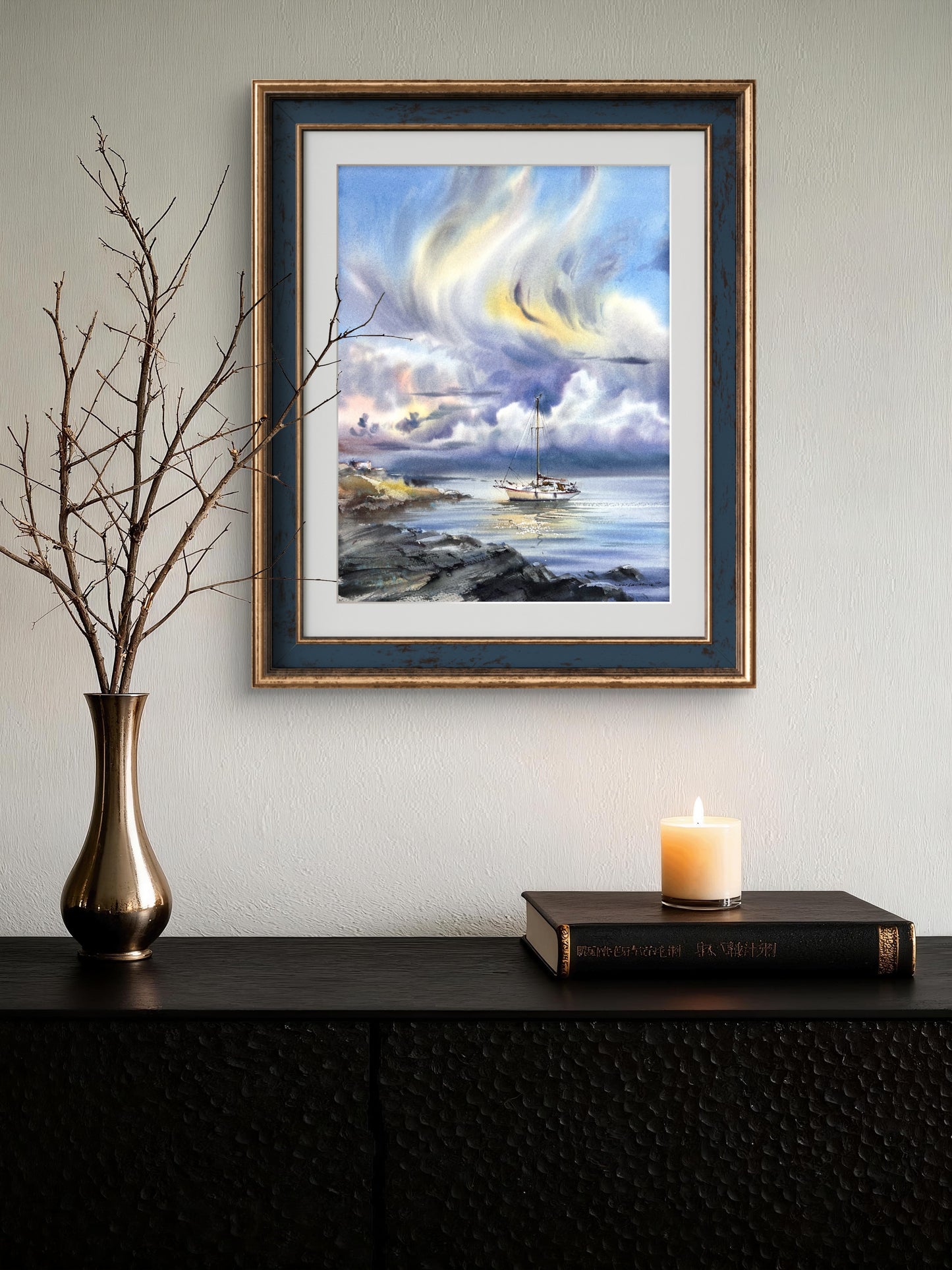 Dreamy Sailboat Watercolor Painting, Coastal Seascape Art, Ocean Sky Landscape, Yacht under the sea skies 12x16
