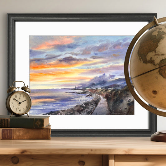 Cyprus Coastal Sunset Watercolor Painting, Seascape Wall Art, Cyprus Lavender Sky 12x16