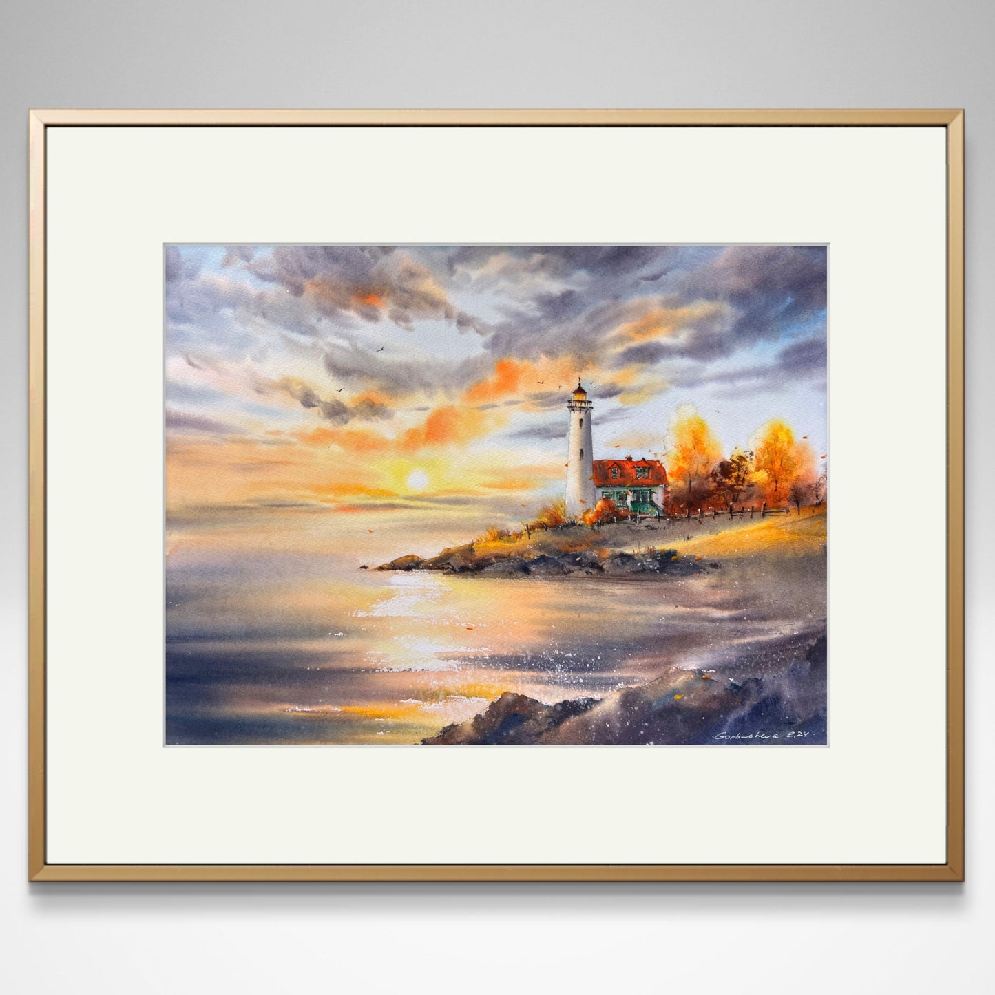 Lighthouse at Sunset Watercolor - Autumn Landscape - Original Painting