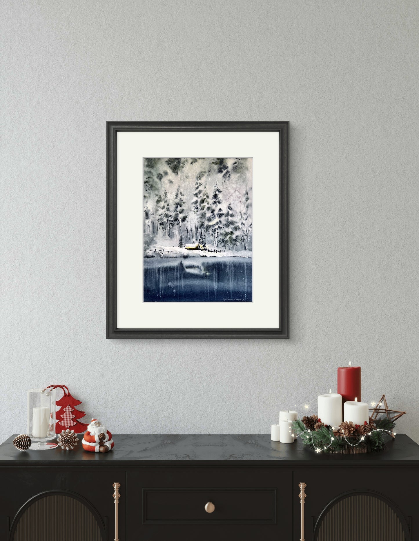 Forest Winter Scene Watercolor Original - Frosty Mountain Artwork, Landscape Painting