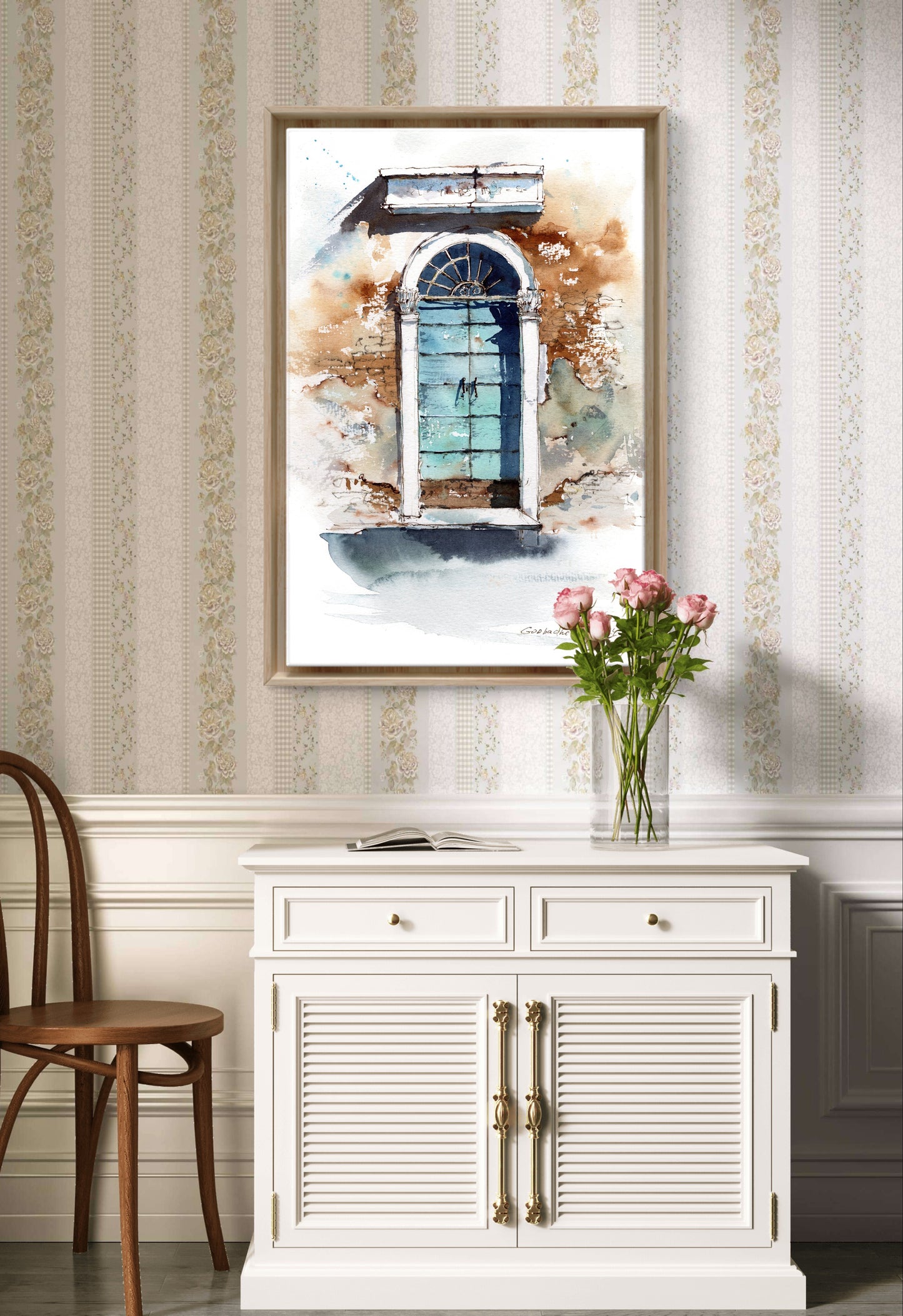 Charming Old City Watercolor Print - Mediterranean Antique Door Artwork from Europa