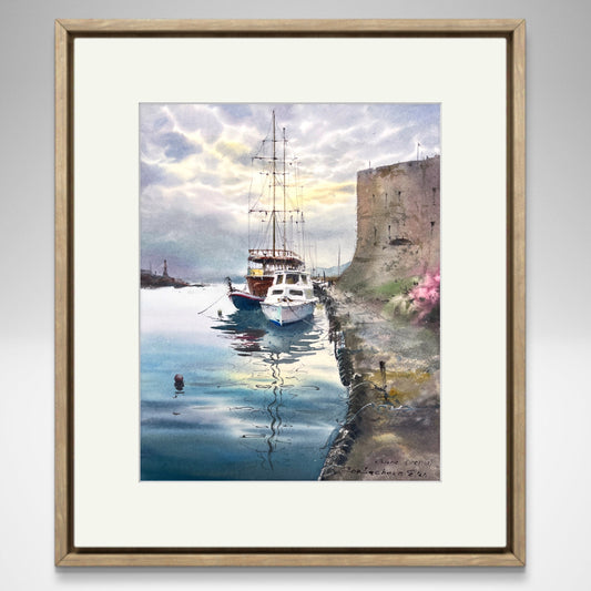 Original Old Port of Girne Watercolor - Mediterranean Harbor Art