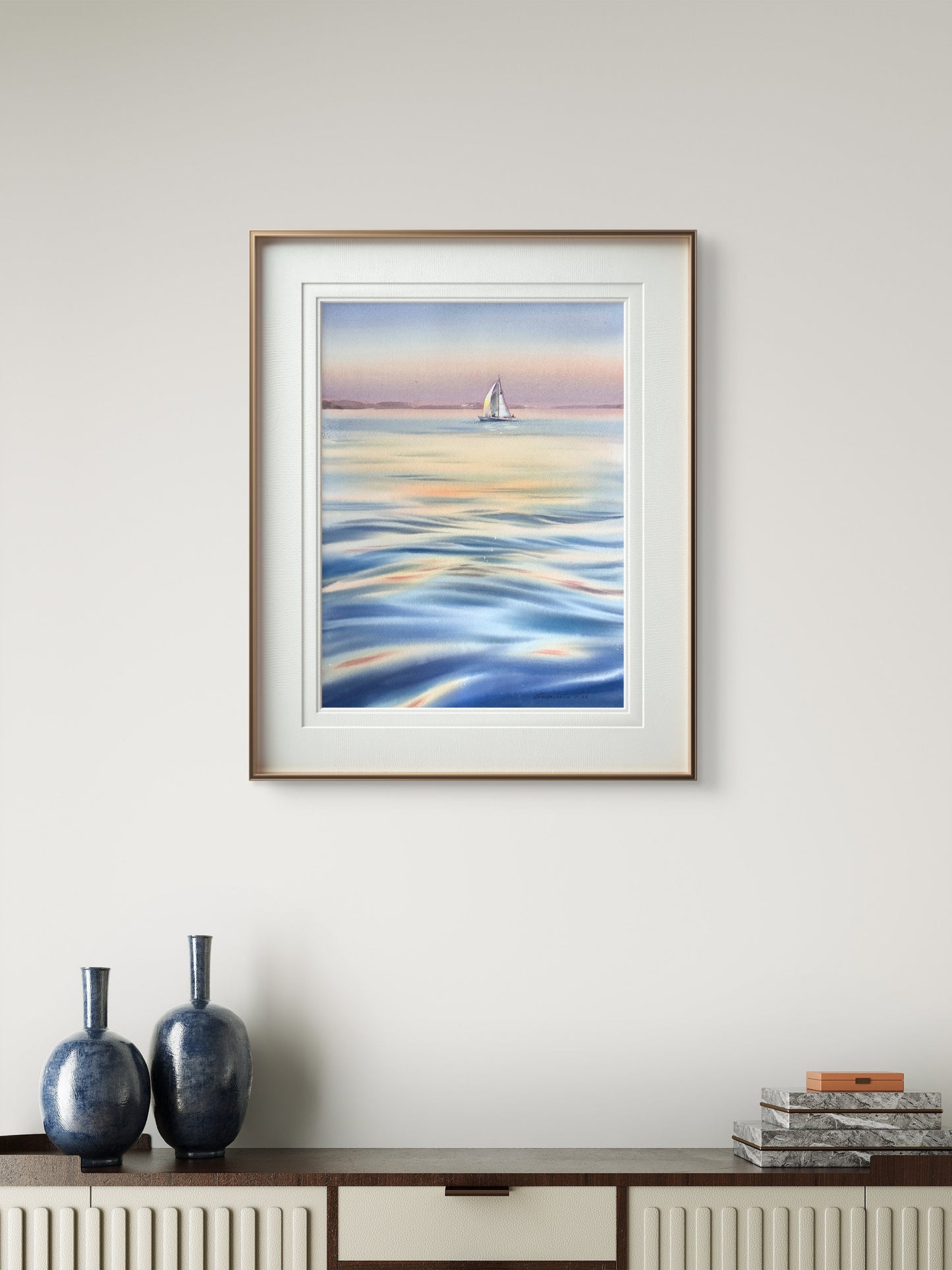 Pastel Sea Watercolor Painting, Sailboat at Sunset, Original Ocean Artwork, Sunset Yacht Song 12x16