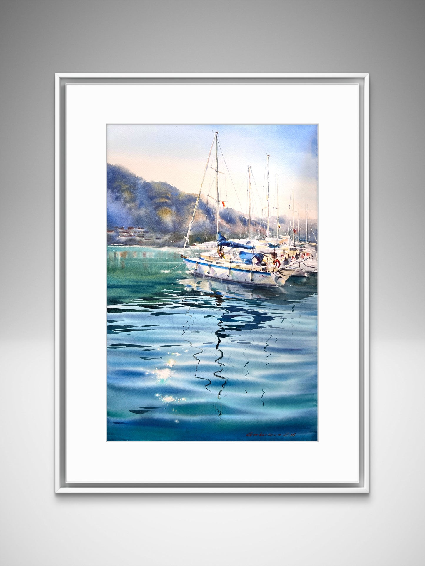 Underwater Light Watercolor, Sailboat Painting, Underwater Light 15x22