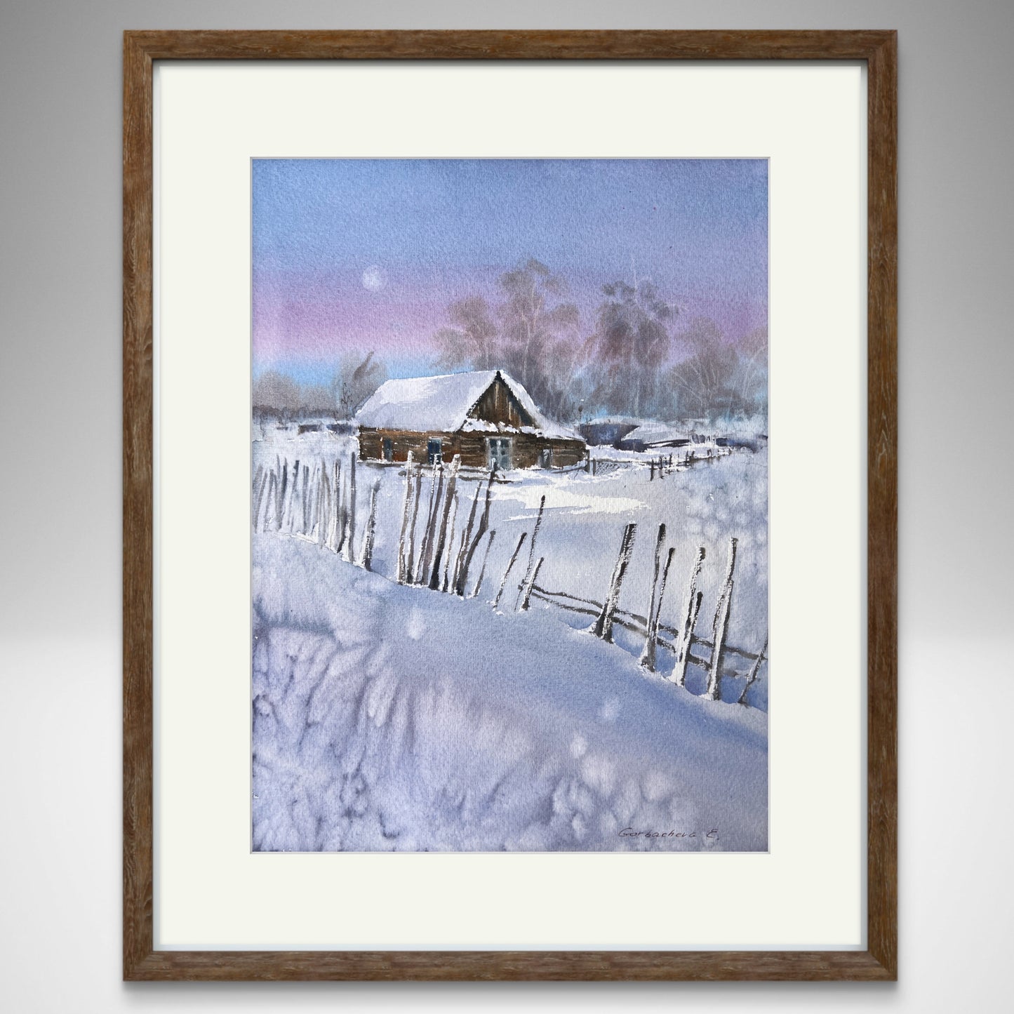 Charming Winter Village Watercolor Painting - Cozy Frosty Morning Landscape Art