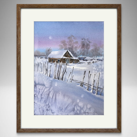 Charming Winter Village Watercolor Painting - Cozy Frosty Morning Landscape Art