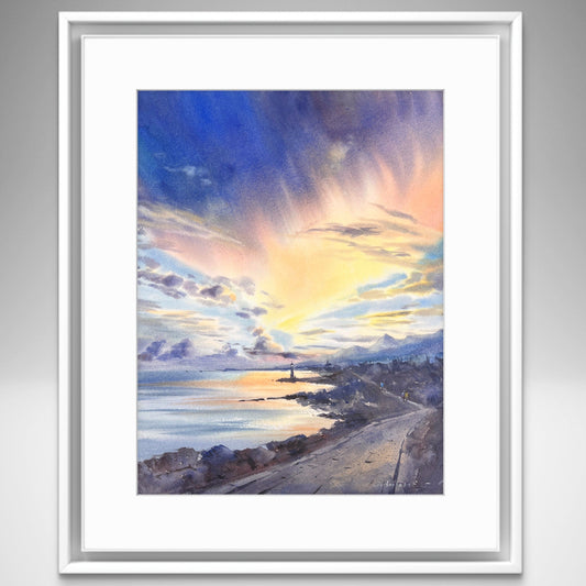 Lighthouse at Sunset Watercolor Painting | Nautical Ocean Wall Decor | Sunset Road and Lighthouse 12x16 in