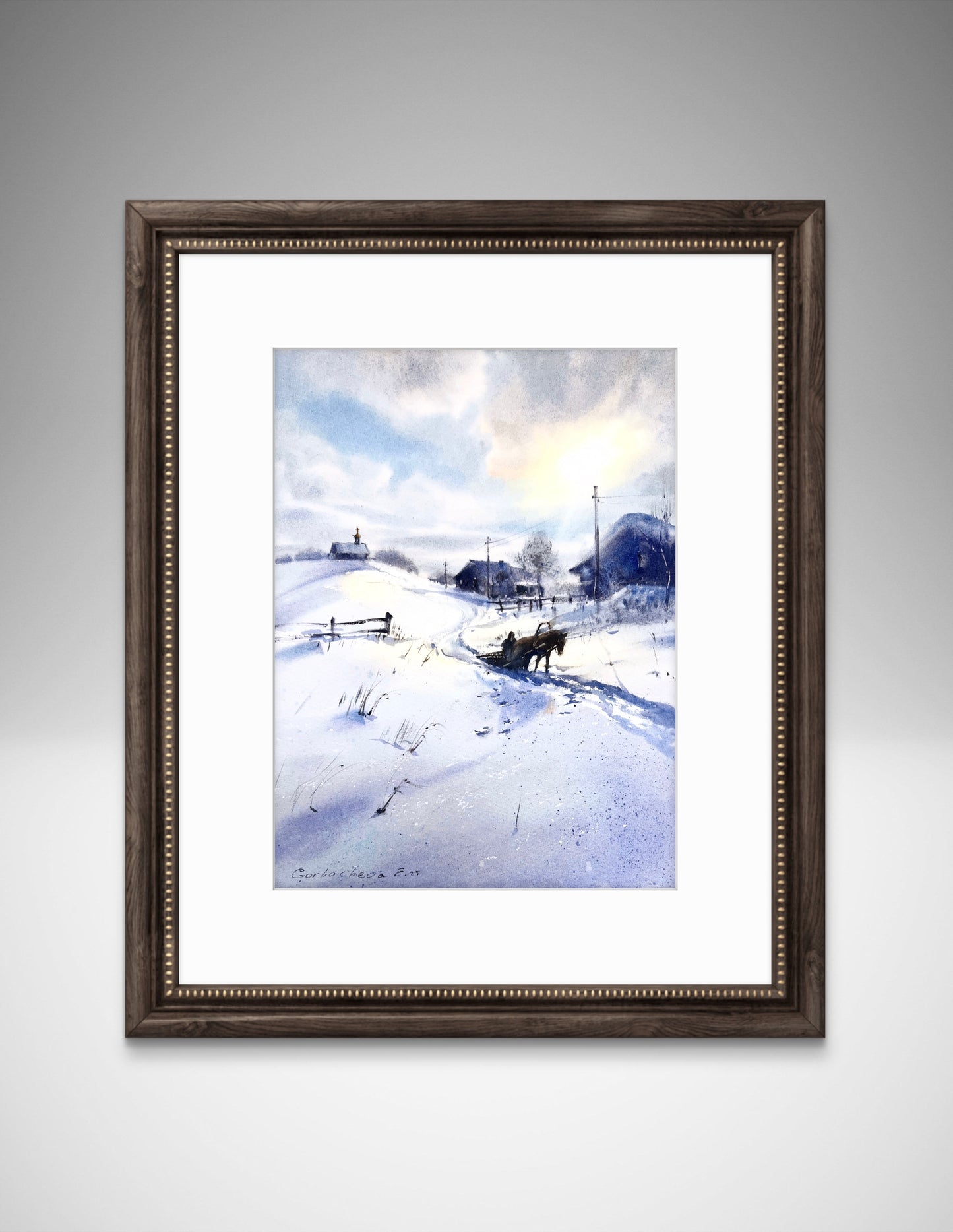 Original Watercolor Winter Landscape Painting, Horse Sleigh Art, Snowy Village Scene, An Old Winter Tale