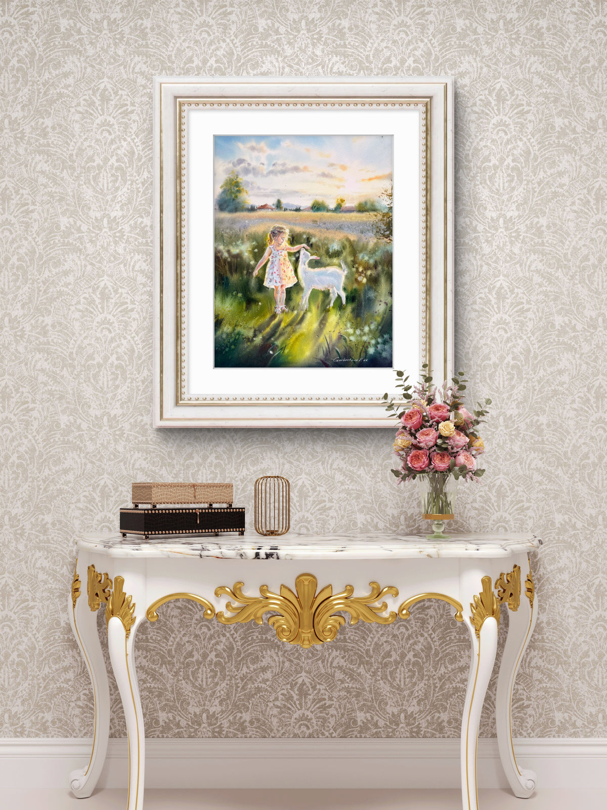 Watercolor Girl and White Goat Painting, Summer Meadow Landscape, The Quiet Joy of Childhood 12x16