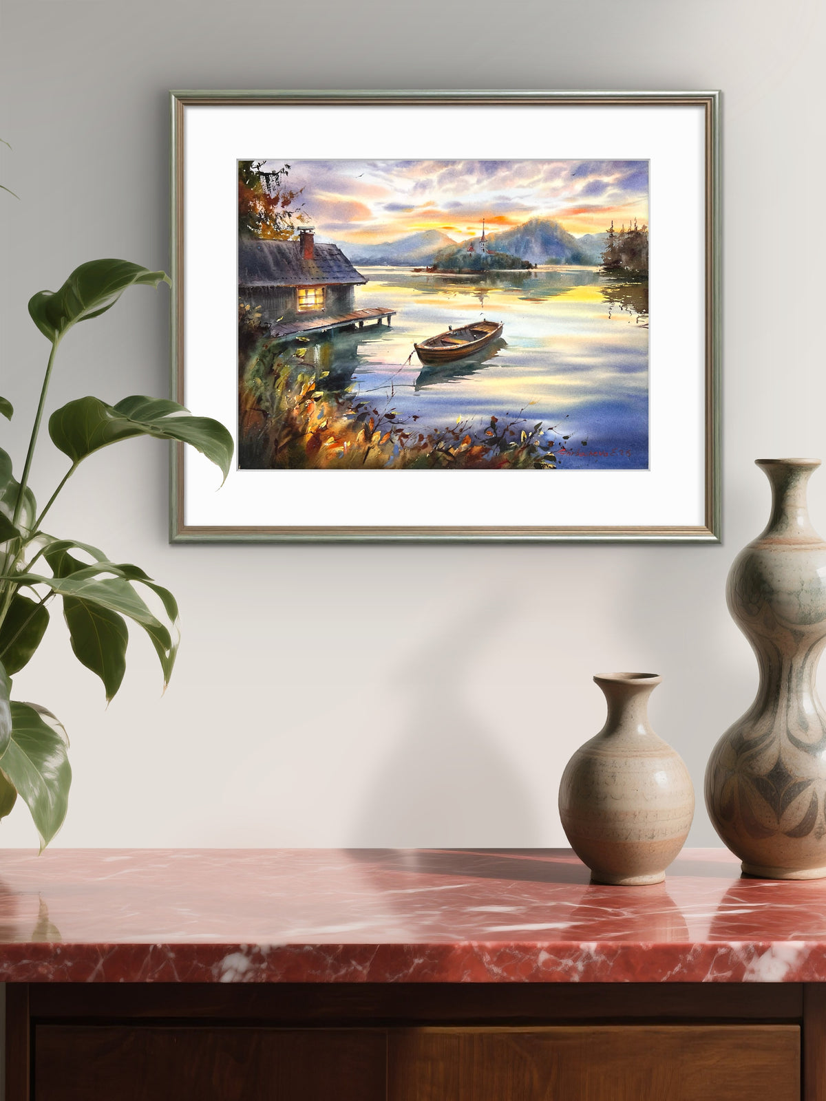 Acuarela de un lago al atardecer, arte original de un paisaje con barco, un barco solitario al atardecer 12x16