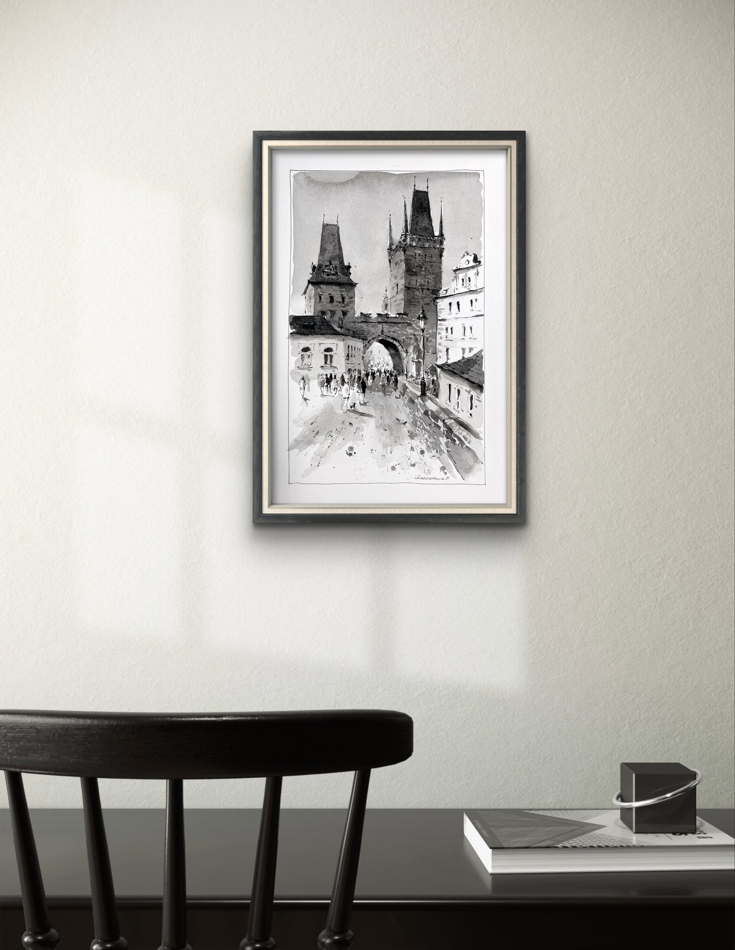 Original Black and White Prague Tales Watercolor Painting