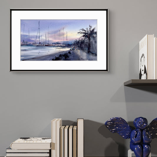 Original Valencia Marina Watercolor Painting | Spain Harbor Seascape | Valencia Twilight 8x15