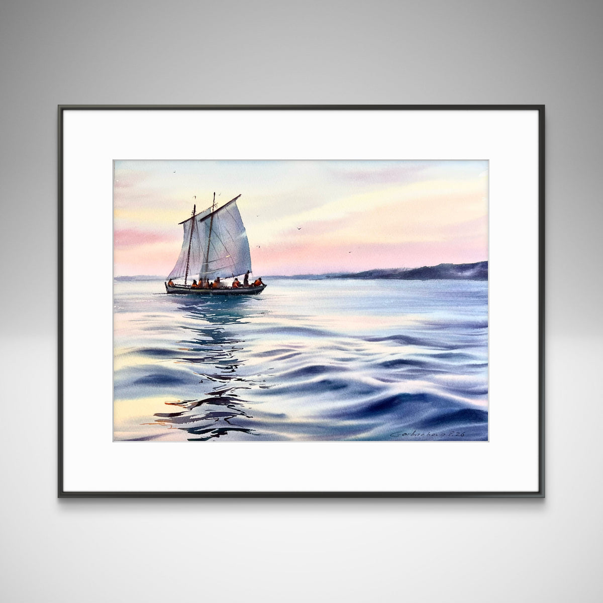 Sailboat Seascape Watercolor Painting, Calm Ocean Art, Quiet Sailing 12x16