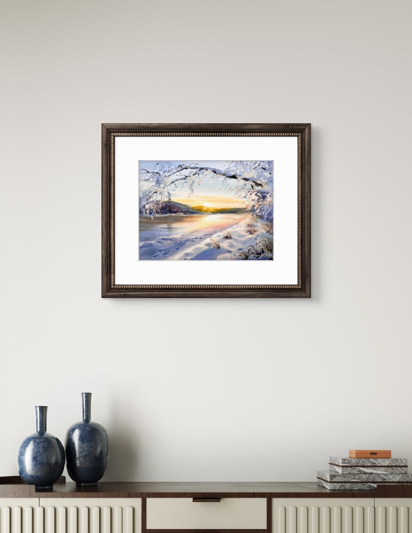 Winter Sunrise Watercolor Painting, Original Snowy Landscape Art, Golden Winter Hush 9X12