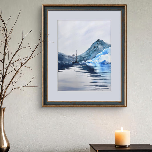 Arctic Painting Original, Seascape, Antarctic Iceberg,  Watercolor Wall Art Decor, Greenland #6,  12x16