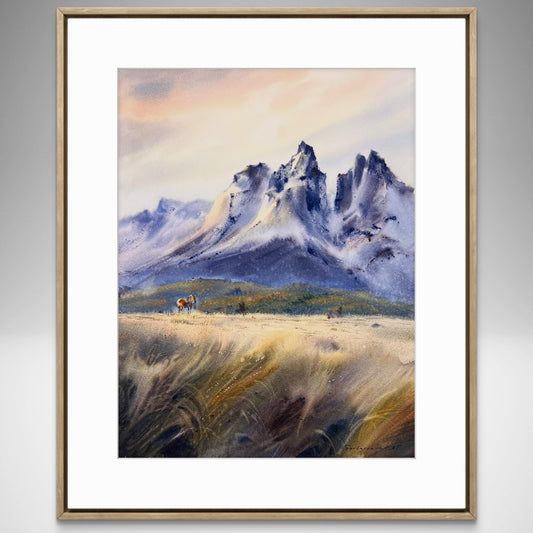 Original Mountain Landscape Watercolor Painting, Horse in High Grass Field Art, Where the Wind Runs Free 12x16