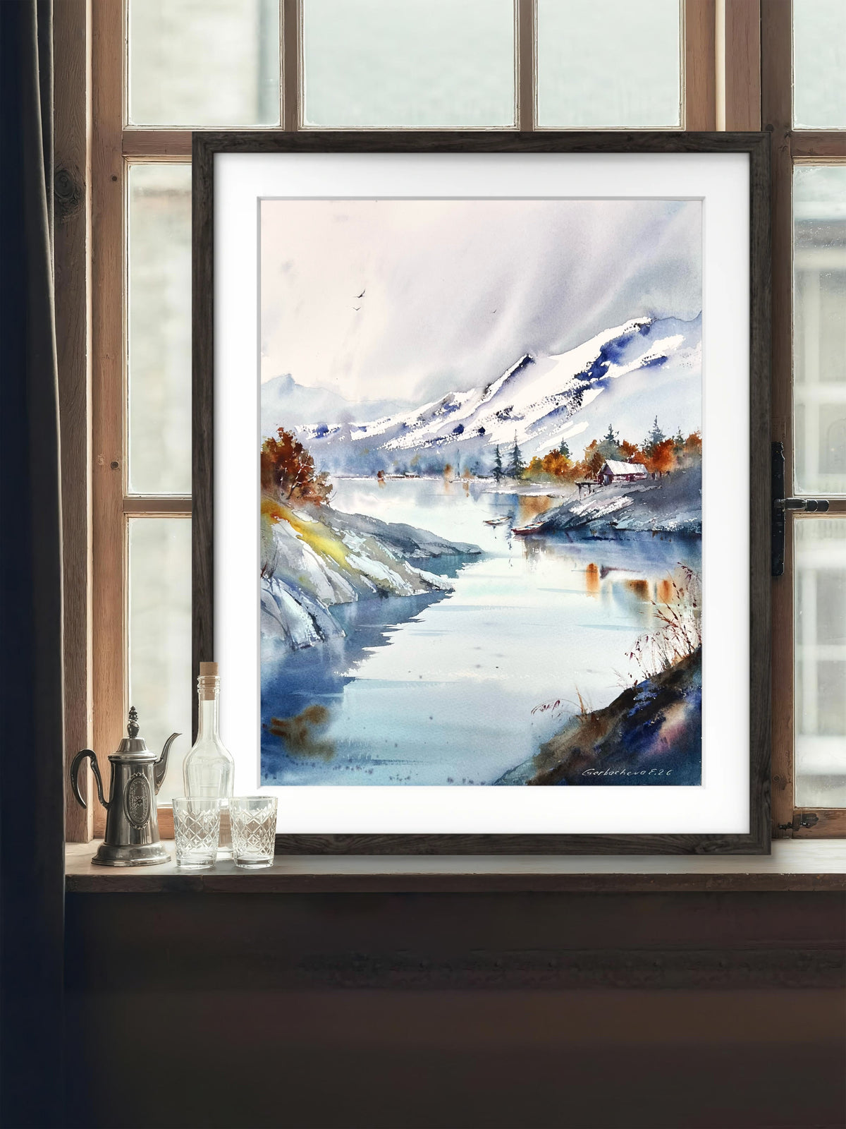 Mountain Lake Watercolor Painting, Snowy Mountain Landscape Art, Echoes of a Mountain Lake 12x16