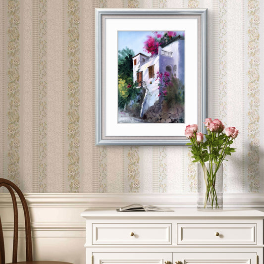 Cyprus Watercolor Painting, Original Artwork, Coastal Art Decor, Bougainvillea Flower, Gift For Home