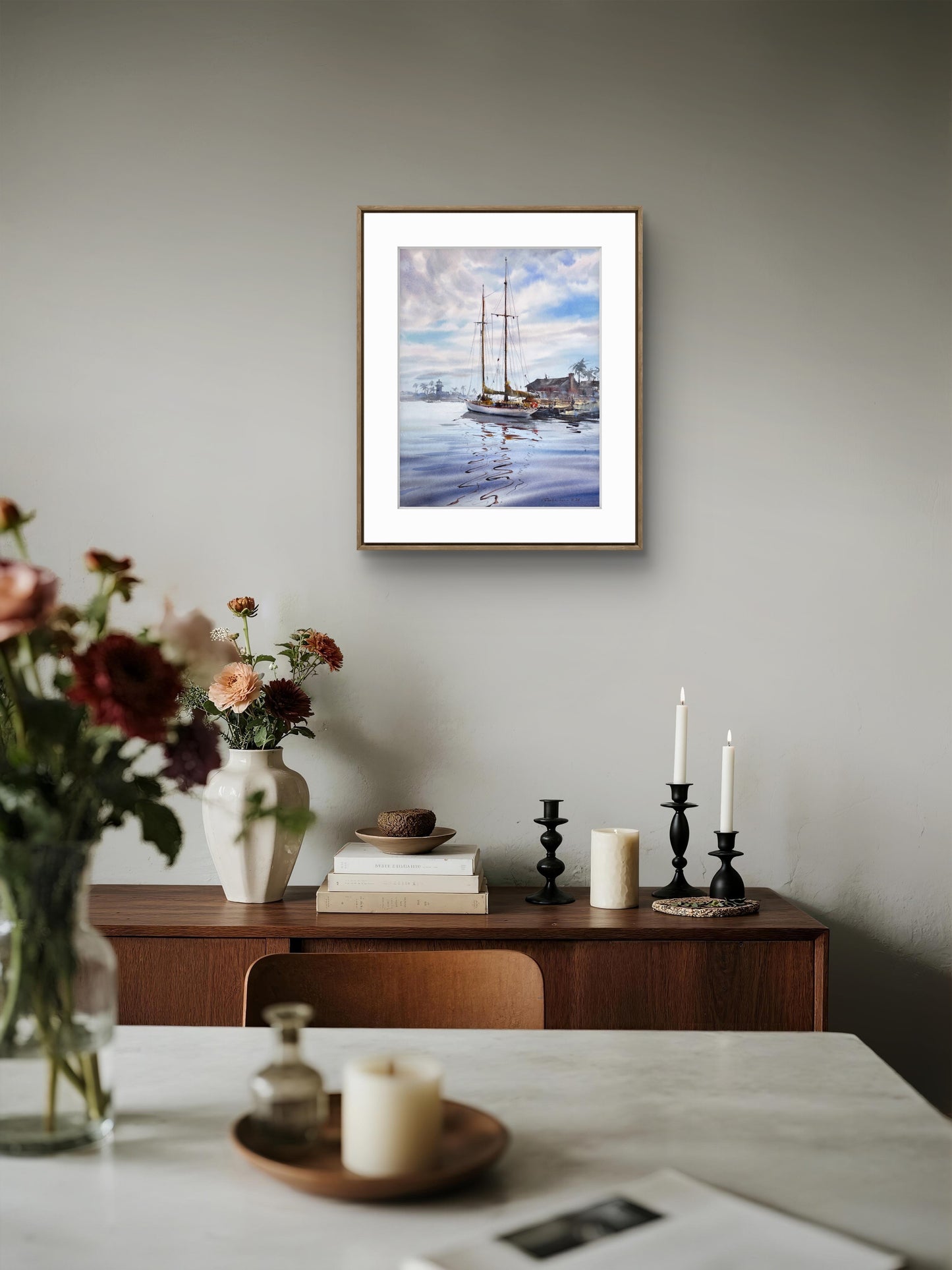 Coastal Harbor Sailboat Watercolor Painting, Reflections at Dawn 12x16