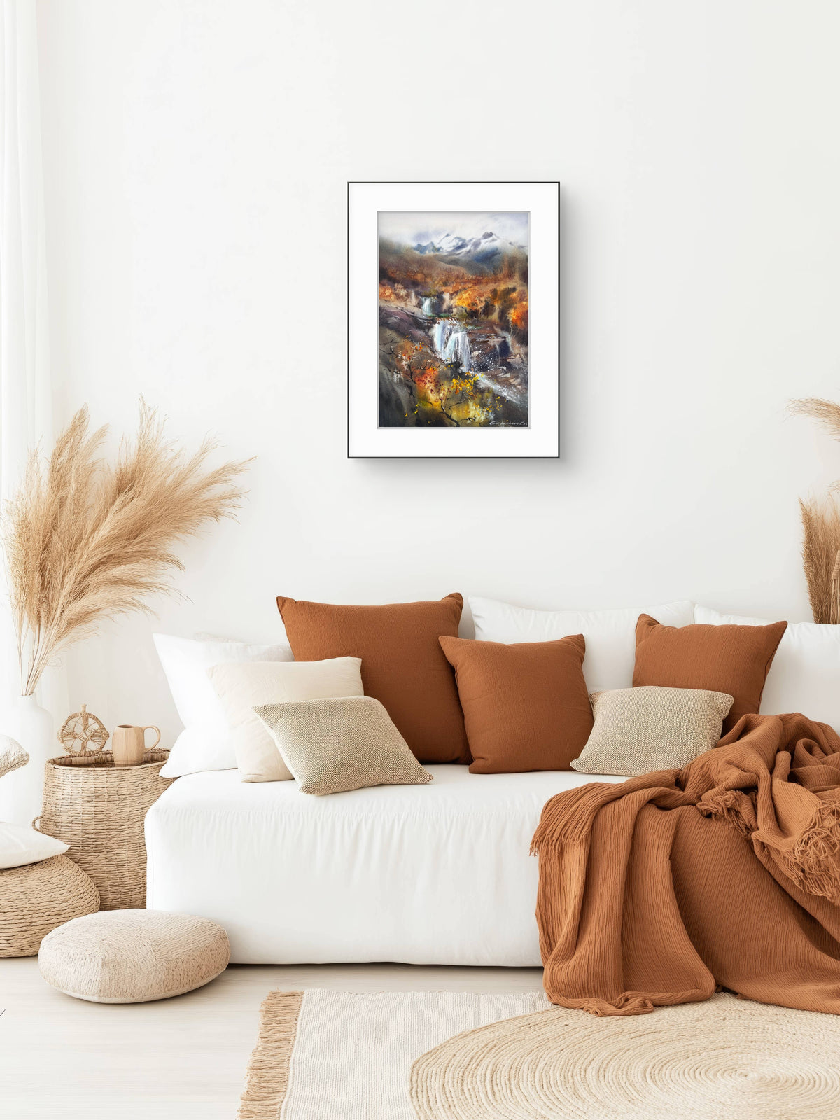 Autumn Waterfall Painting, Mountain Landscape Watercolor, The Golden Silence 9x13 in