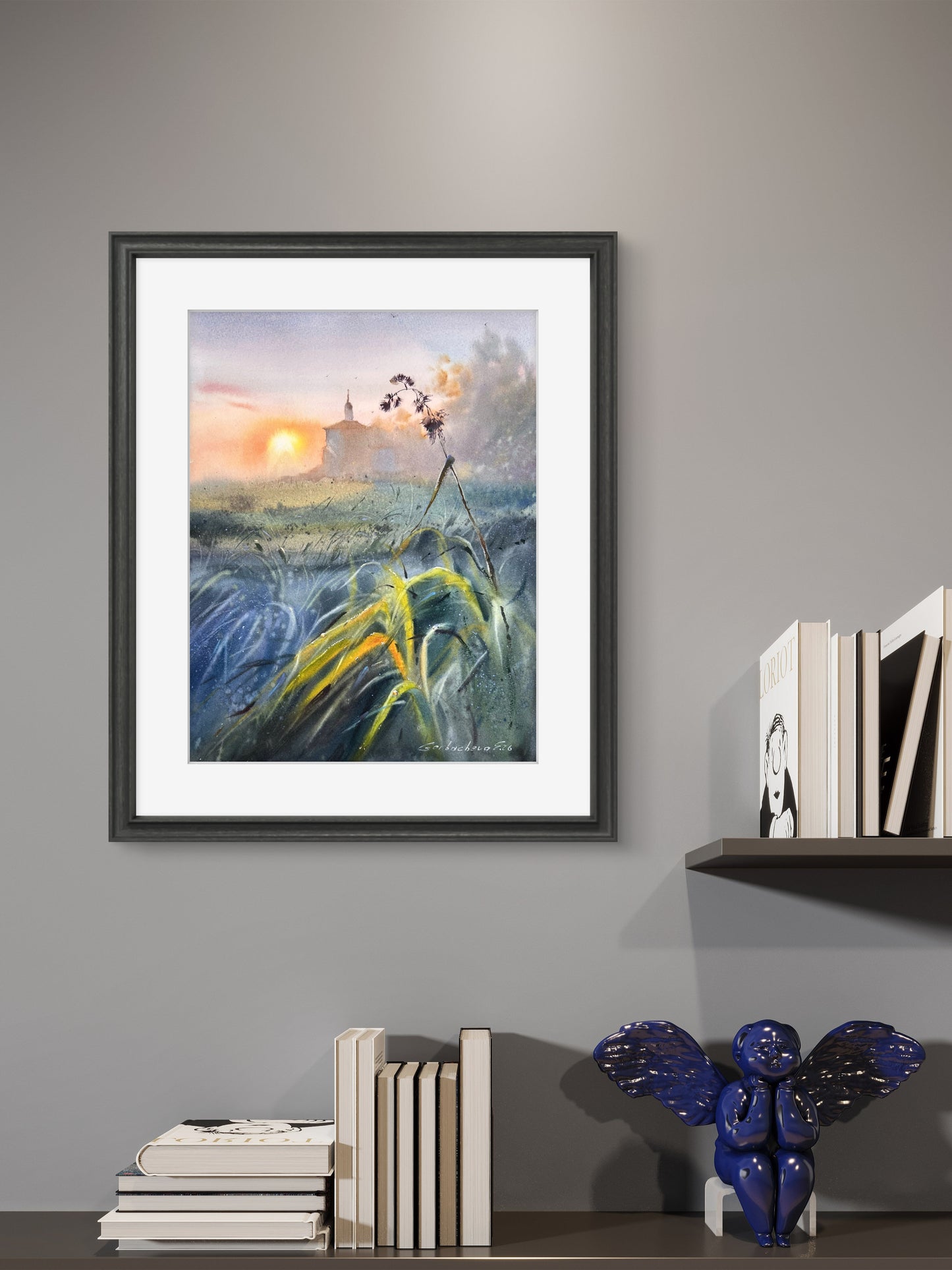Moody Countryside Watercolor Painting, Sunset Landscape Art, The Evening Meadow 12x16