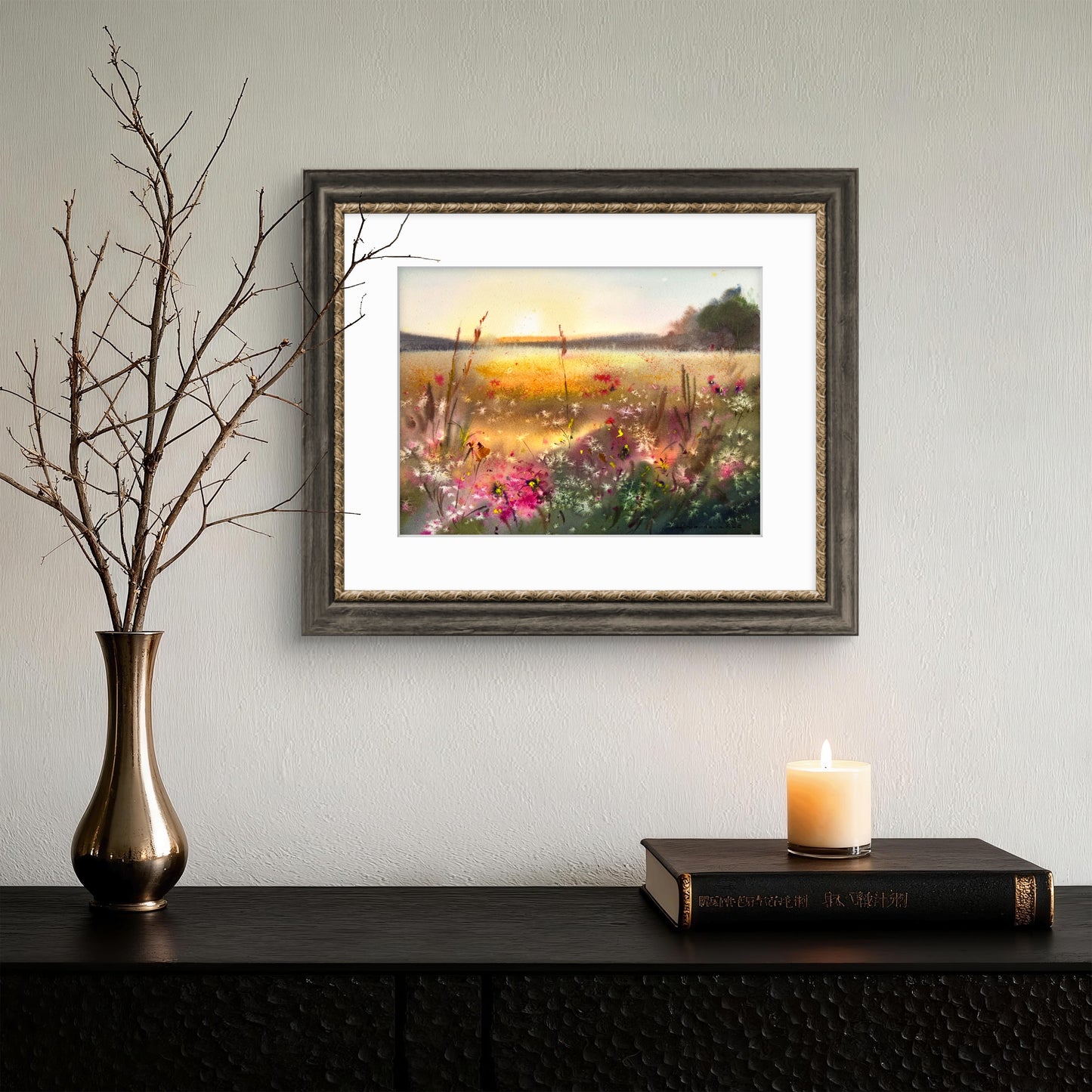 Original Watercolor Wildflower Meadow Painting, Golden Lake Sunset Landscape, Sunset Bloom 9x12