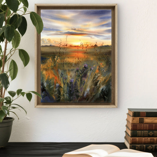 Sunset Meadow Watercolor Painting,Golden Whisper of Fields 12x16 in