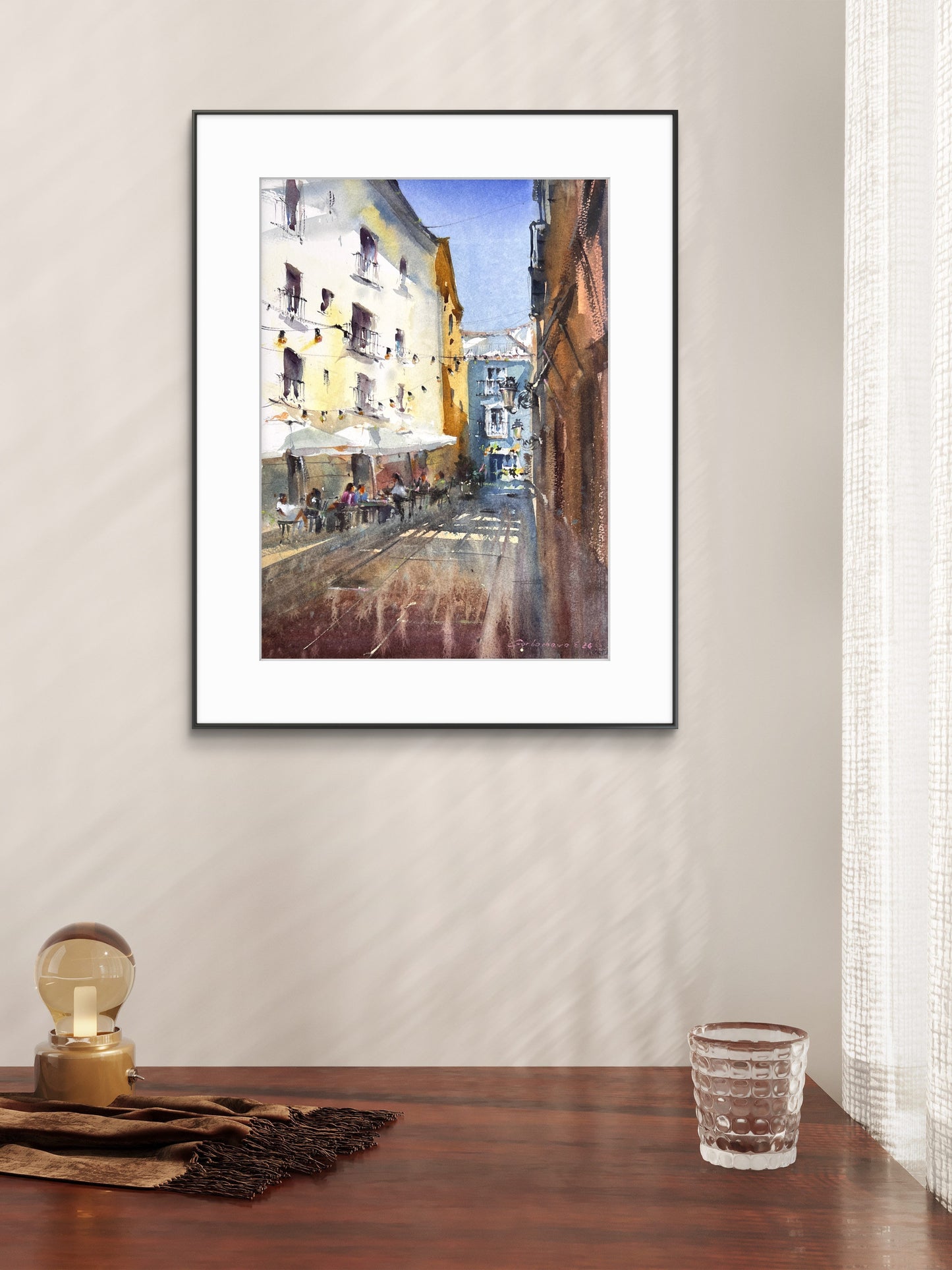 Valencia Street Watercolor Painting, Spanish Cityscape Art, Sunlit Valencia Alley 11x15