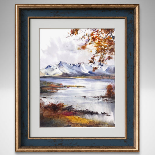 Modern Mountain Painting Original Watercolour,  Nature Wall Decor, Watercolor Paintings, Mountain Lake #28
