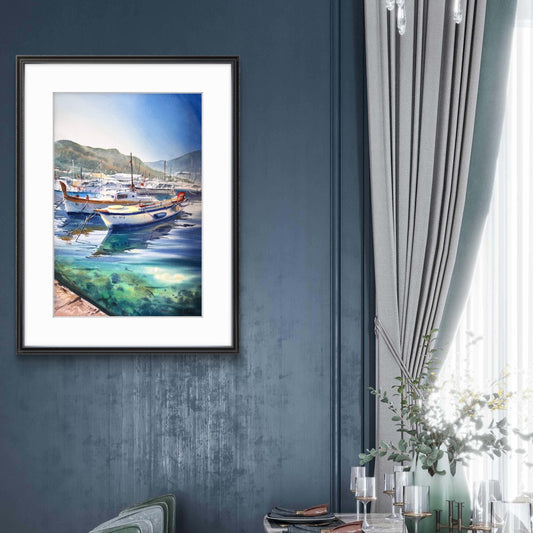 Seascape Watercolor Painting, Boat Harbor Wall Art, Morning at the pier 15x22