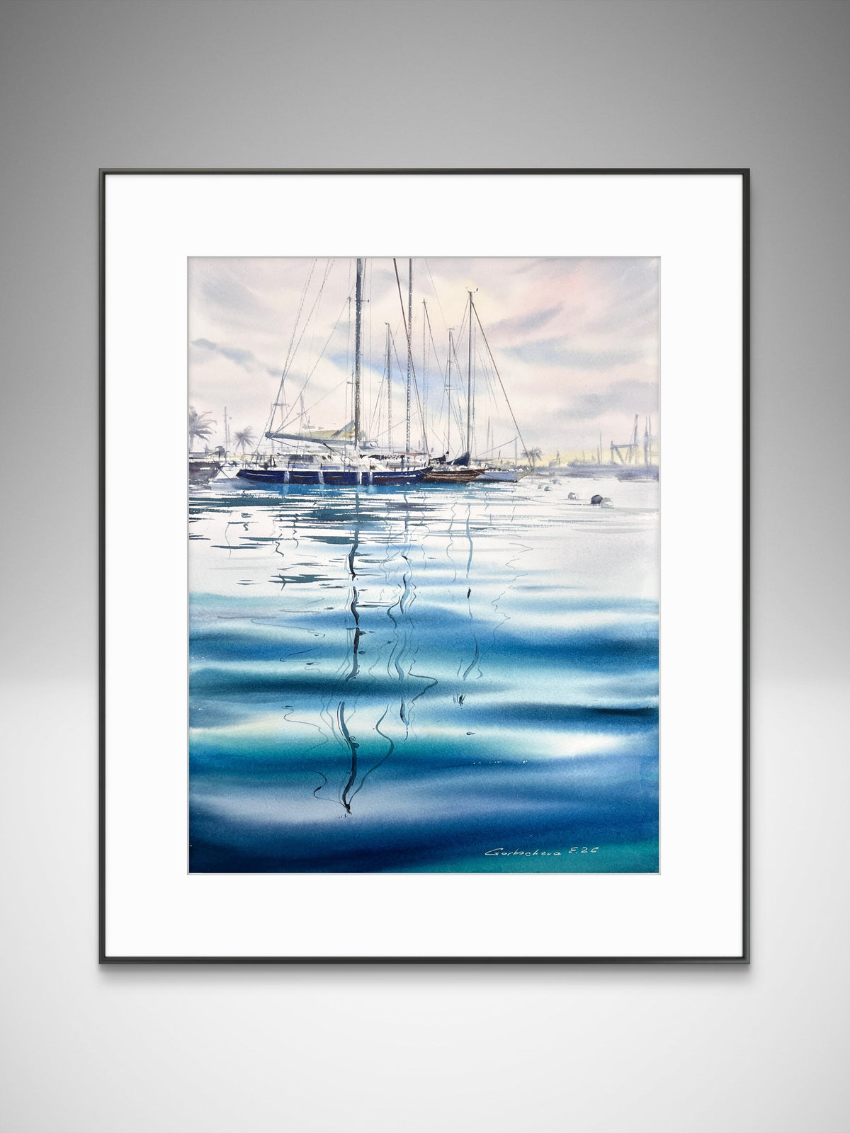 Sailboat Watercolor Painting, Blue Marina Wall Art, The Blue Silence 12x16