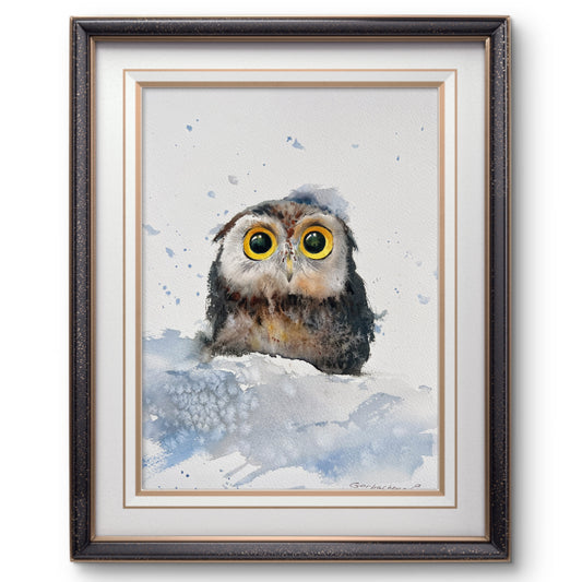 Charming Original Watercolor "Owlet in Snowdrift" – Ideal Holiday Gift for Bird Lovers