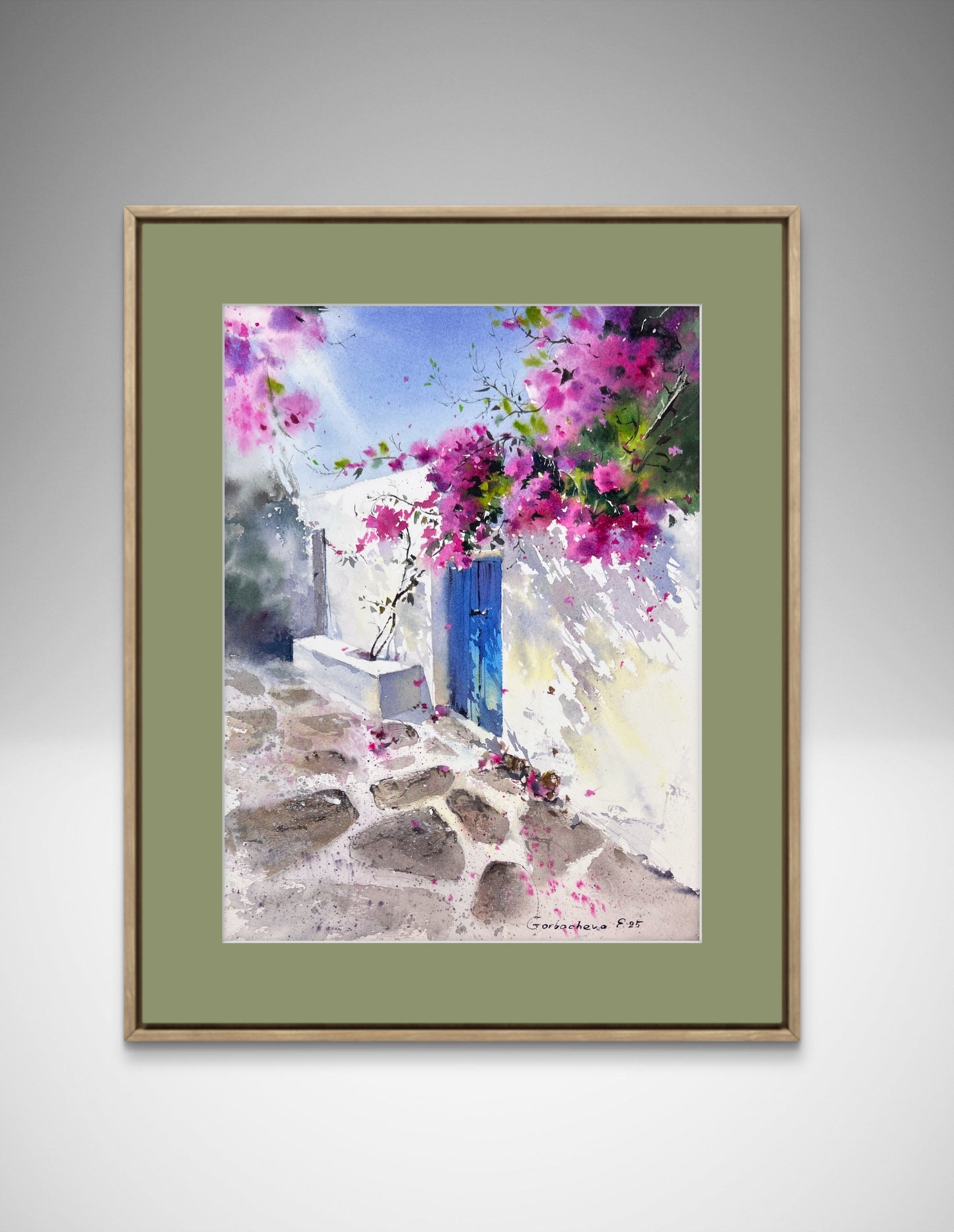 Original Watercolor Painting - Bougainvillea Door - Mediterranean Townscape