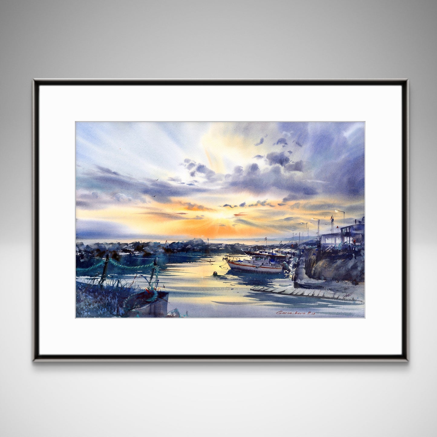 Cyprus Harbor Sunset Watercolor Painting, Harbor of Silent Dreams 15x22 in