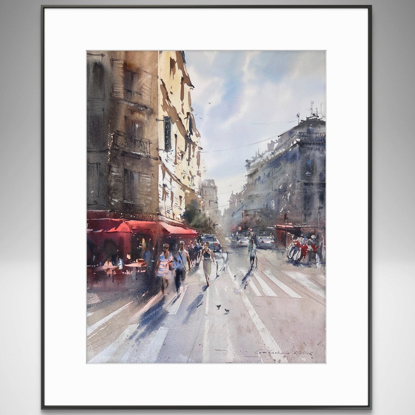 Paris Street Scene Watercolor Painting, The Golden Boulevard of Paris 12x16