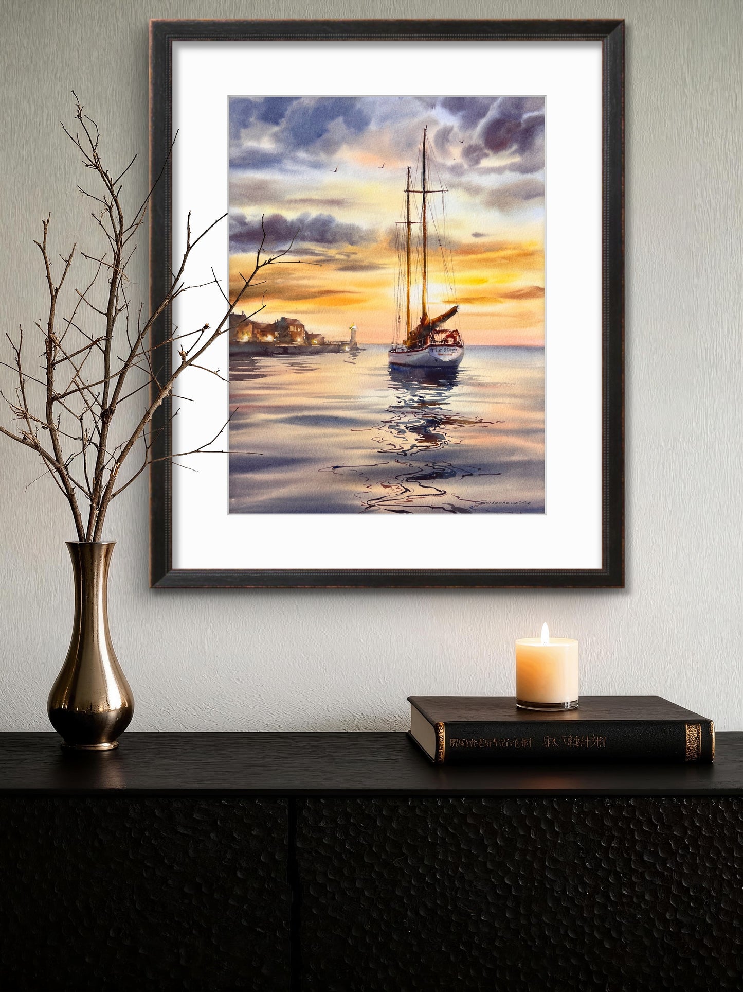 Original Watercolor Sailboat Painting, Sunset Harbor Seascape, Sunset Odyssey 12x16