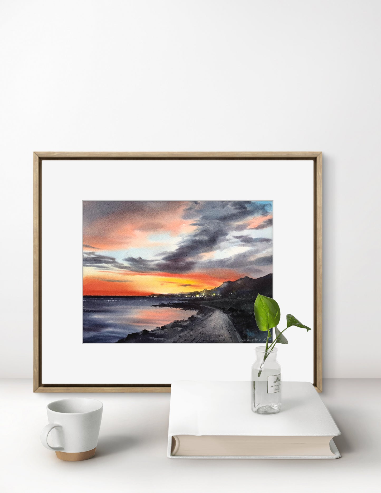 Coastal Sunset Painting, Sea Beach Watercolor Original Art, Landscape Wall Art, Sky, Nature, Orange Grey, Gift For Mom