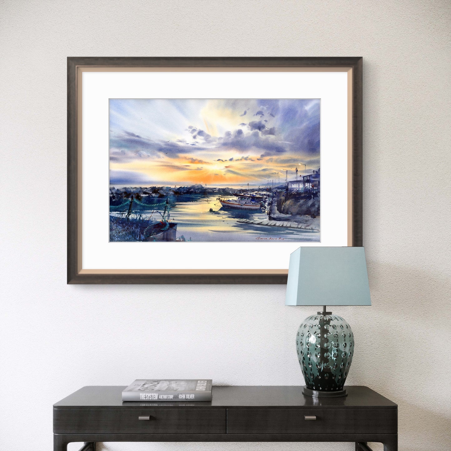 Cyprus Harbor Sunset Watercolor Painting, Harbor of Silent Dreams 15x22 in